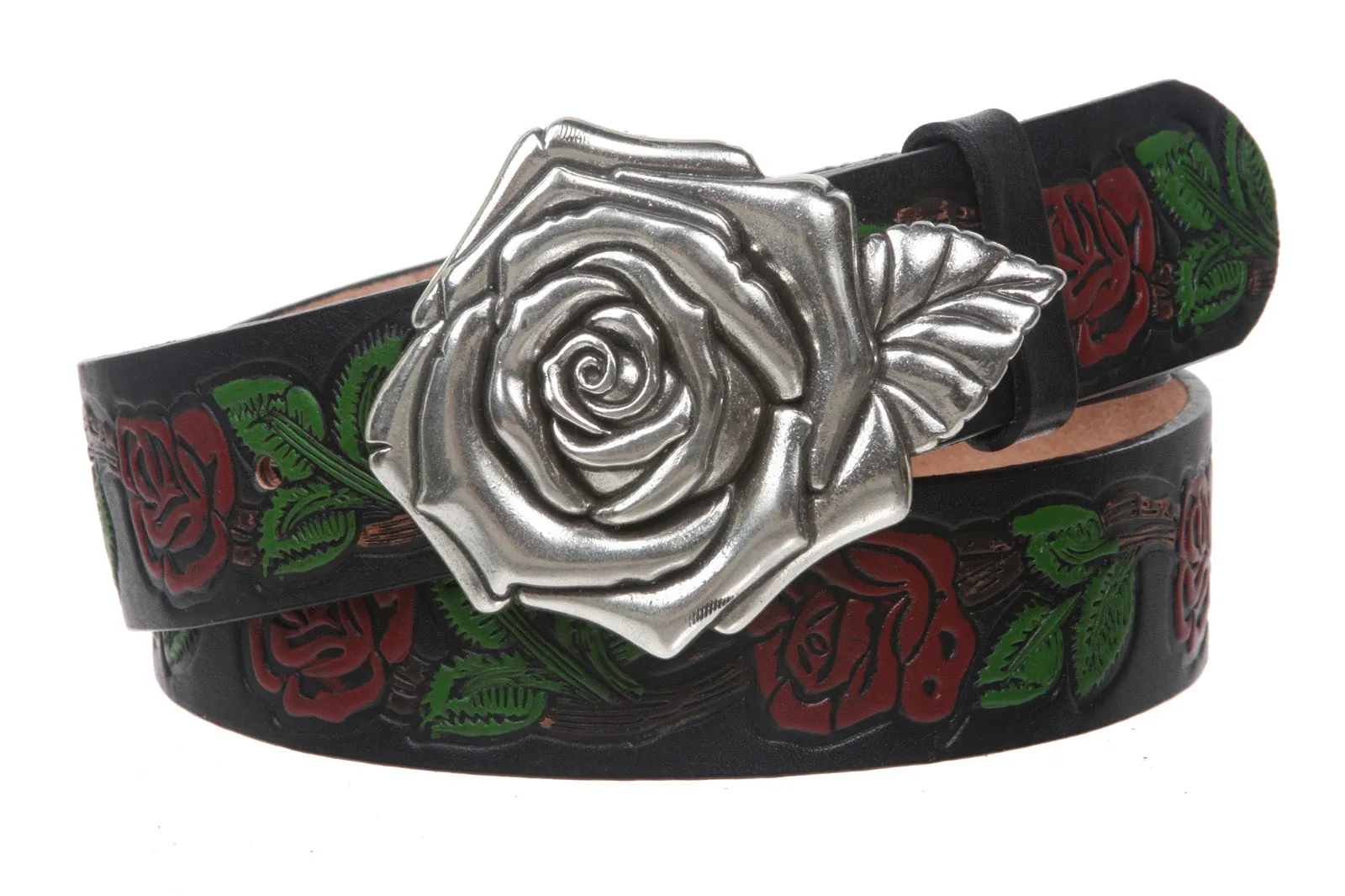 1 1/2" (38 mm) Snap on Embossed Roses Leather Belt