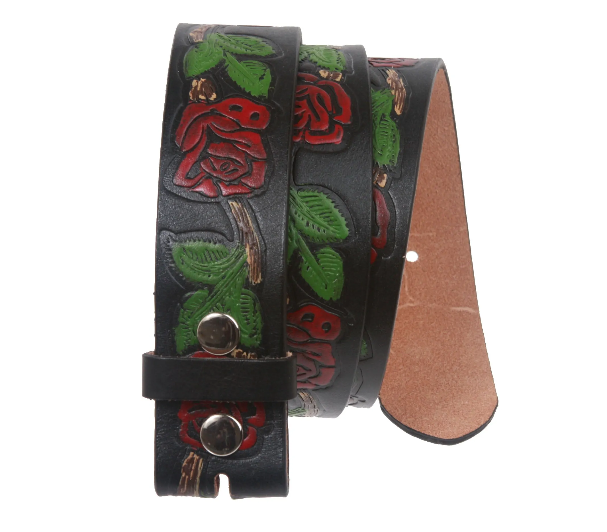1 1/2" (38 mm) Snap on Embossed Roses Leather Belt