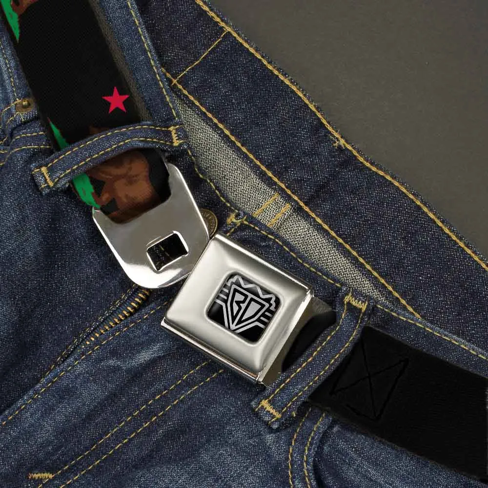 BD Wings Logo CLOSE-UP Full Color Black Silver Seatbelt Belt - California Flag Bear Black Webbing