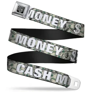 BD Wings Logo CLOSE-UP Full Color Black Silver Seatbelt Belt - CASH MONEY $ Dollars/White Webbing