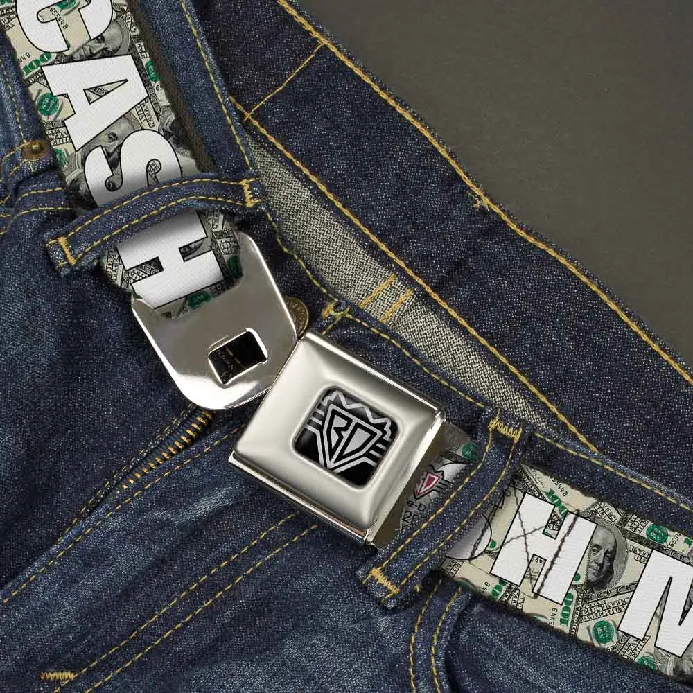 BD Wings Logo CLOSE-UP Full Color Black Silver Seatbelt Belt - CASH MONEY $ Dollars/White Webbing