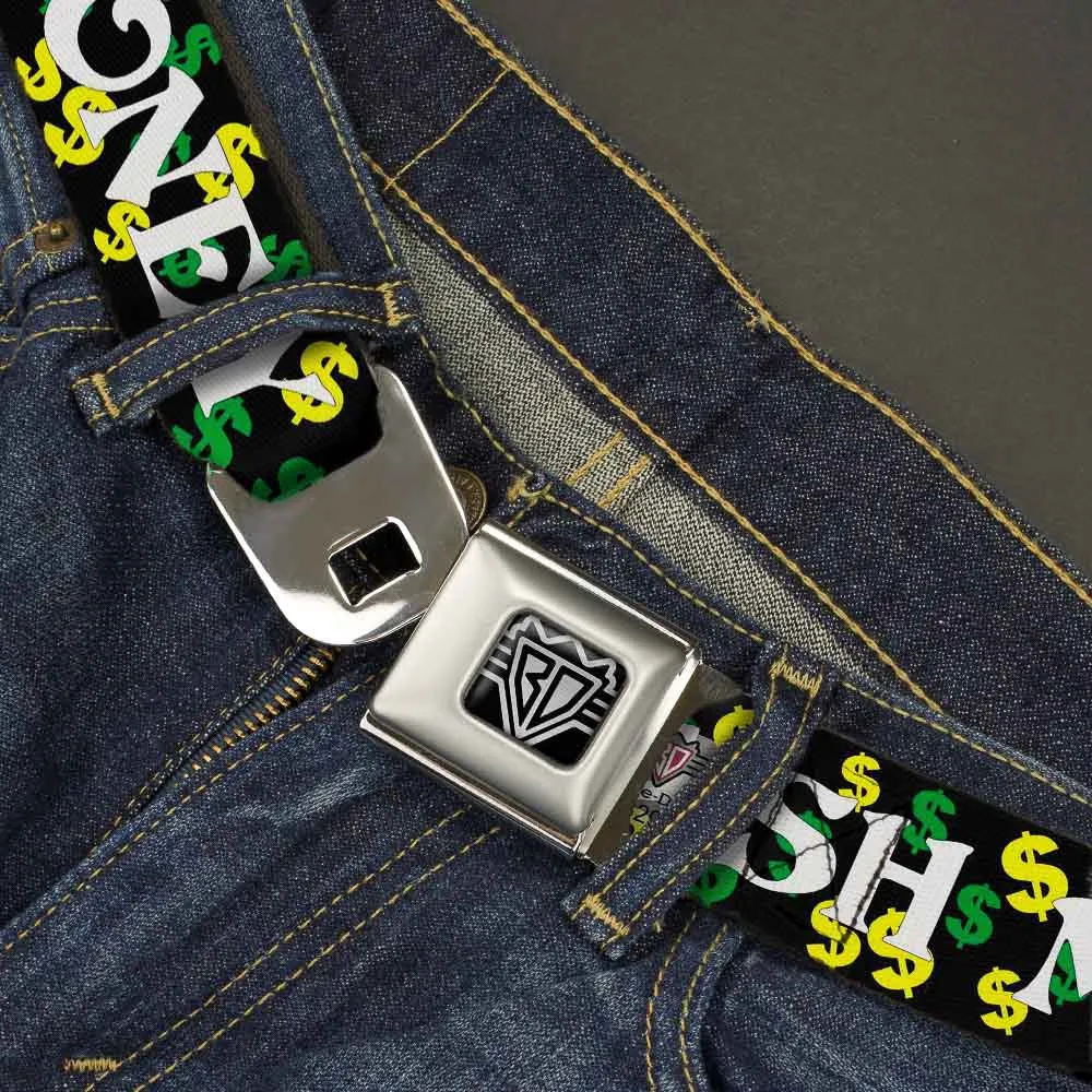 BD Wings Logo CLOSE-UP Full Color Black Silver Seatbelt Belt - CASH MONEY w/$$$ Black/White/Yellow/Green Webbing