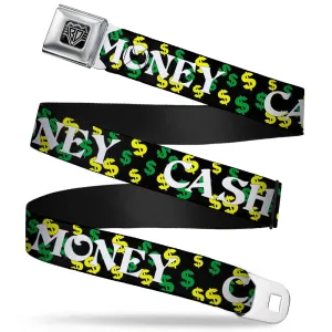 BD Wings Logo CLOSE-UP Full Color Black Silver Seatbelt Belt - CASH MONEY w/$$$ Black/White/Yellow/Green Webbing