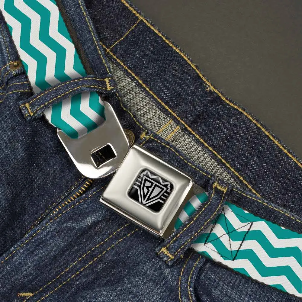 BD Wings Logo CLOSE-UP Full Color Black Silver Seatbelt Belt - Chevron Stripe White/Teal Webbing