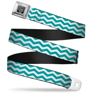 BD Wings Logo CLOSE-UP Full Color Black Silver Seatbelt Belt - Chevron Stripe White/Teal Webbing