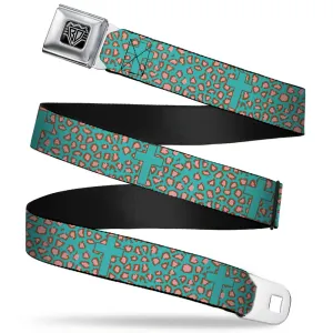 BD Wings Logo CLOSE-UP Full Color Black Silver Seatbelt Belt - Cross Repeat Leopard Turquoise/Pink Webbing