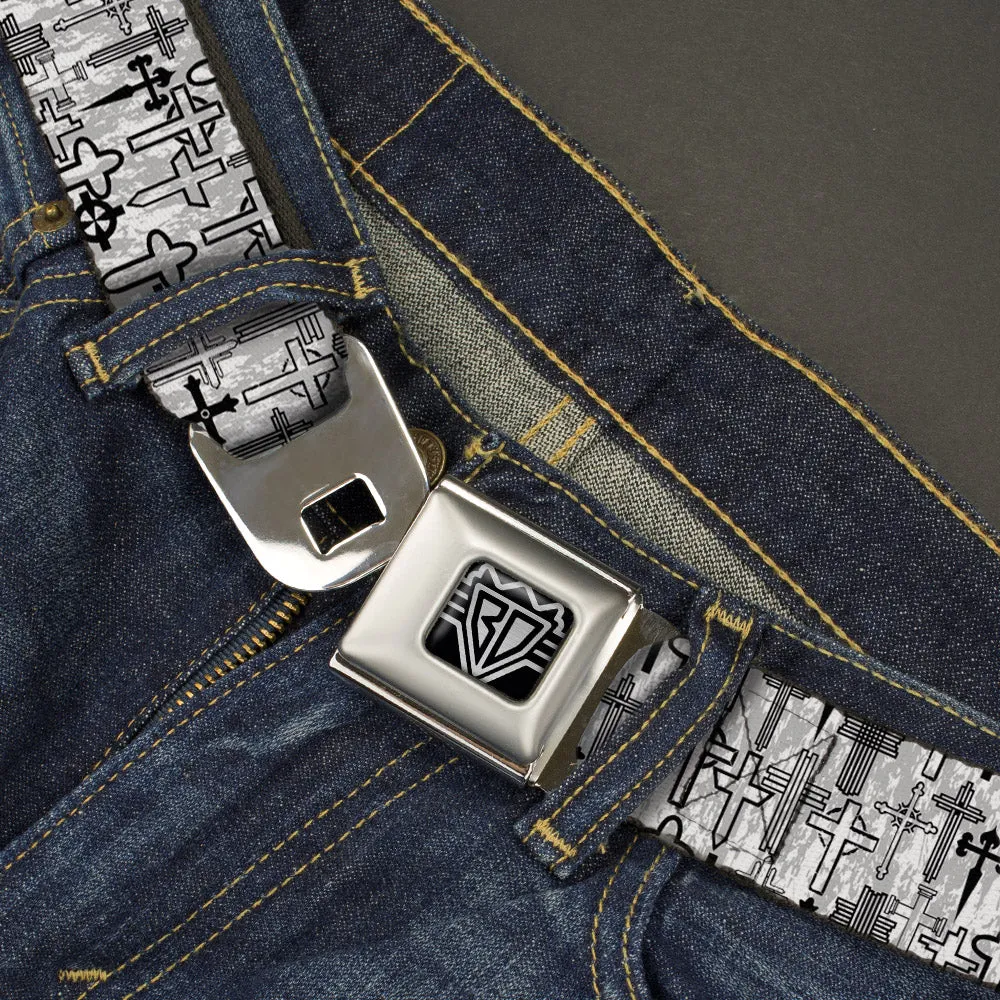 BD Wings Logo CLOSE-UP Full Color Black Silver Seatbelt Belt - Crosses Assorted Distressed White/Black Webbing