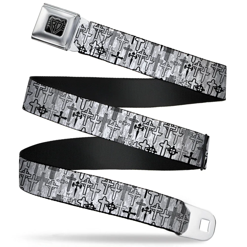 BD Wings Logo CLOSE-UP Full Color Black Silver Seatbelt Belt - Crosses Assorted Distressed White/Black Webbing