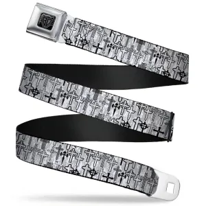 BD Wings Logo CLOSE-UP Full Color Black Silver Seatbelt Belt - Crosses Assorted Distressed White/Black Webbing