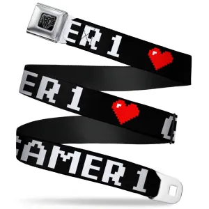BD Wings Logo CLOSE-UP Full Color Black Silver Seatbelt Belt - GAMER 1/Heart 8-Bit Black/White/Red Webbing