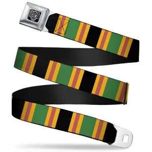 BD Wings Logo CLOSE-UP Full Color Black Silver Seatbelt Belt - Lines Black/Gold/Pink/Green Webbing