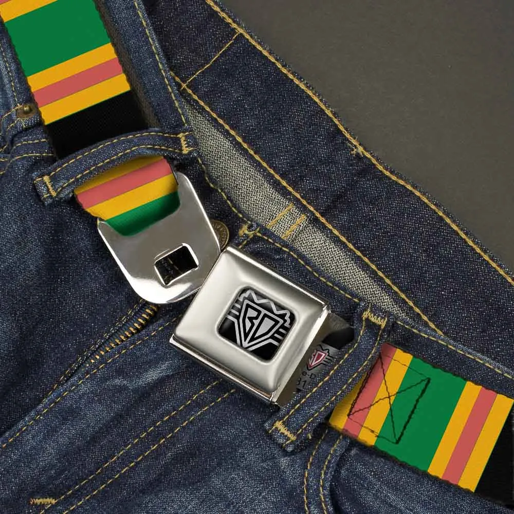 BD Wings Logo CLOSE-UP Full Color Black Silver Seatbelt Belt - Lines Black/Gold/Pink/Green Webbing