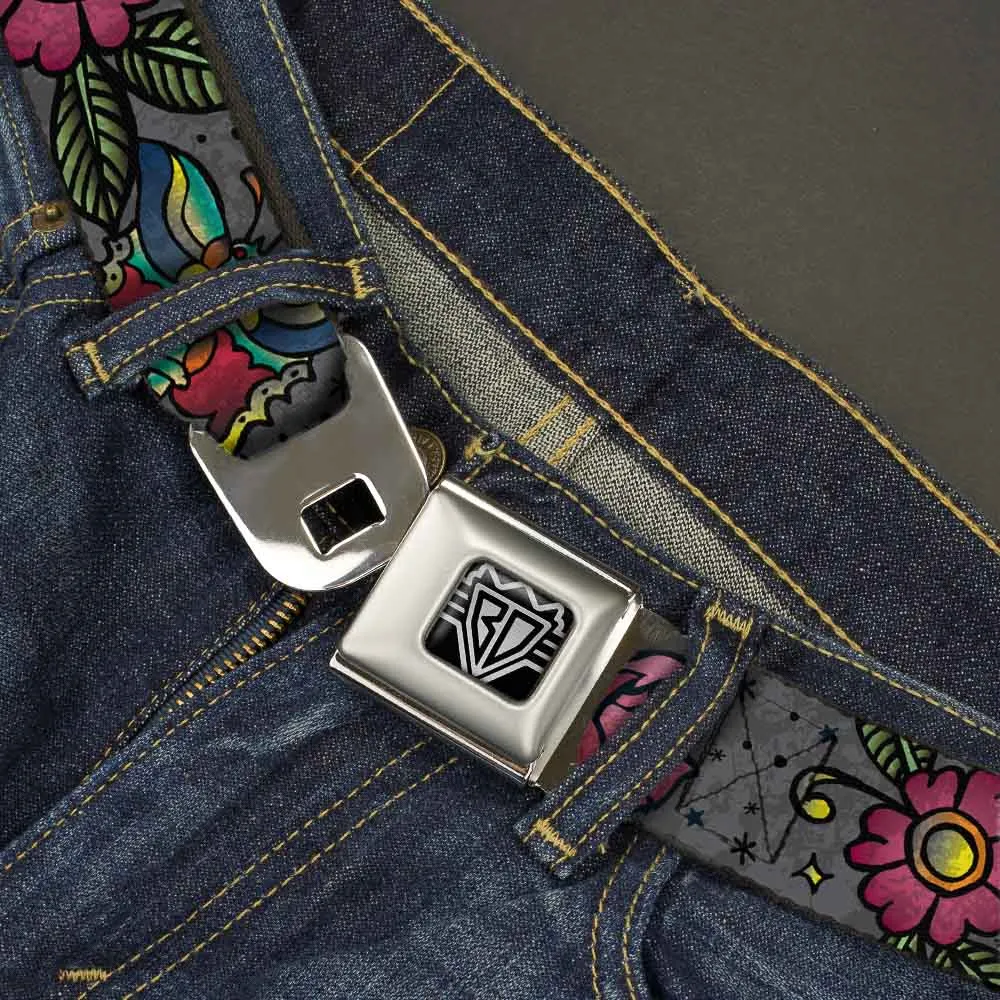 BD Wings Logo CLOSE-UP Full Color Black Silver Seatbelt Belt - Love Kills CLOSE-UP Gray Webbing