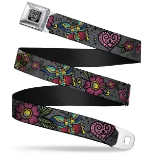 BD Wings Logo CLOSE-UP Full Color Black Silver Seatbelt Belt - Love Kills CLOSE-UP Gray Webbing
