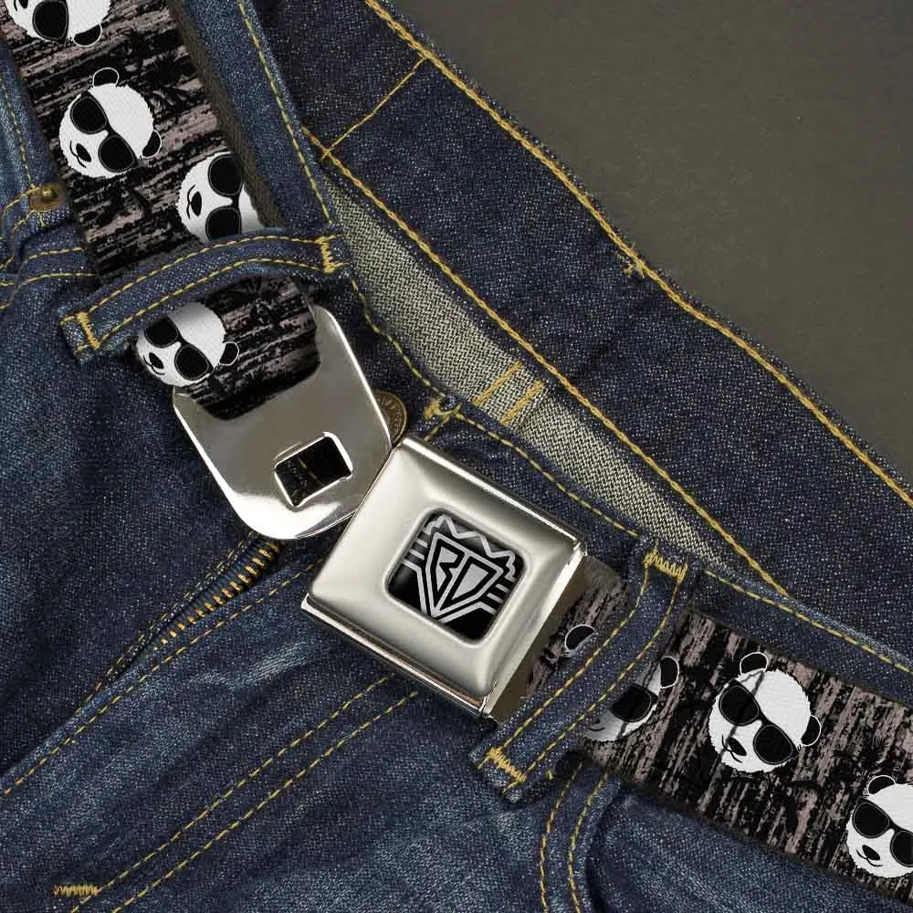 BD Wings Logo CLOSE-UP Full Color Black Silver Seatbelt Belt - Panda w/Sunglasses & Palm Trees Webbing