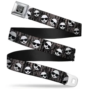 BD Wings Logo CLOSE-UP Full Color Black Silver Seatbelt Belt - Panda w/Sunglasses & Palm Trees Webbing