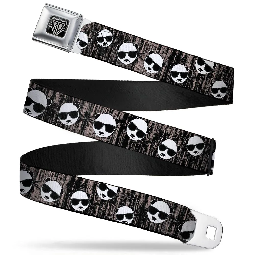 BD Wings Logo CLOSE-UP Full Color Black Silver Seatbelt Belt - Panda w/Sunglasses & Palm Trees Webbing