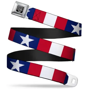 BD Wings Logo CLOSE-UP Full Color Black Silver Seatbelt Belt - Stars & Stripes Ribbon Red/Blue/White Webbing