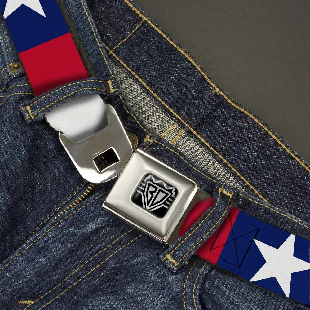 BD Wings Logo CLOSE-UP Full Color Black Silver Seatbelt Belt - Stars & Stripes Ribbon Red/Blue/White Webbing