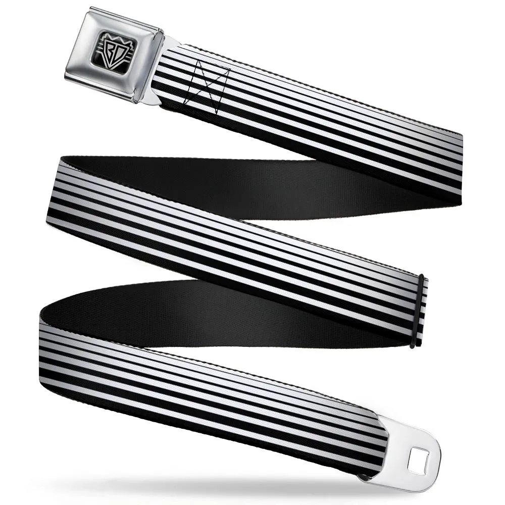 BD Wings Logo CLOSE-UP Full Color Black Silver Seatbelt Belt - Stripe Transition Black/White Webbing
