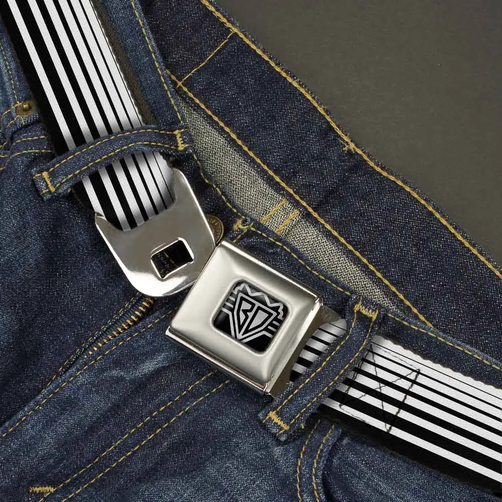 BD Wings Logo CLOSE-UP Full Color Black Silver Seatbelt Belt - Stripe Transition Black/White Webbing