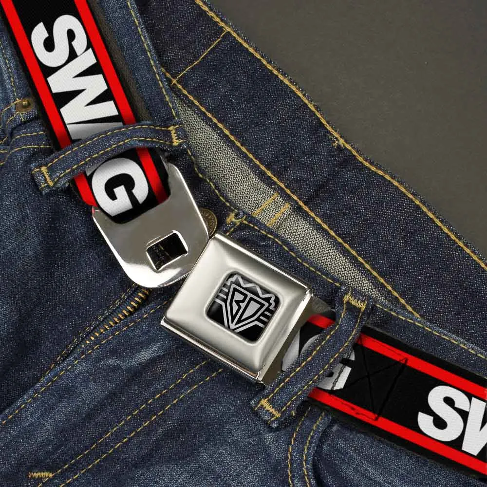 BD Wings Logo CLOSE-UP Full Color Black Silver Seatbelt Belt - SWAGG Black/White/Red Stripe Webbing