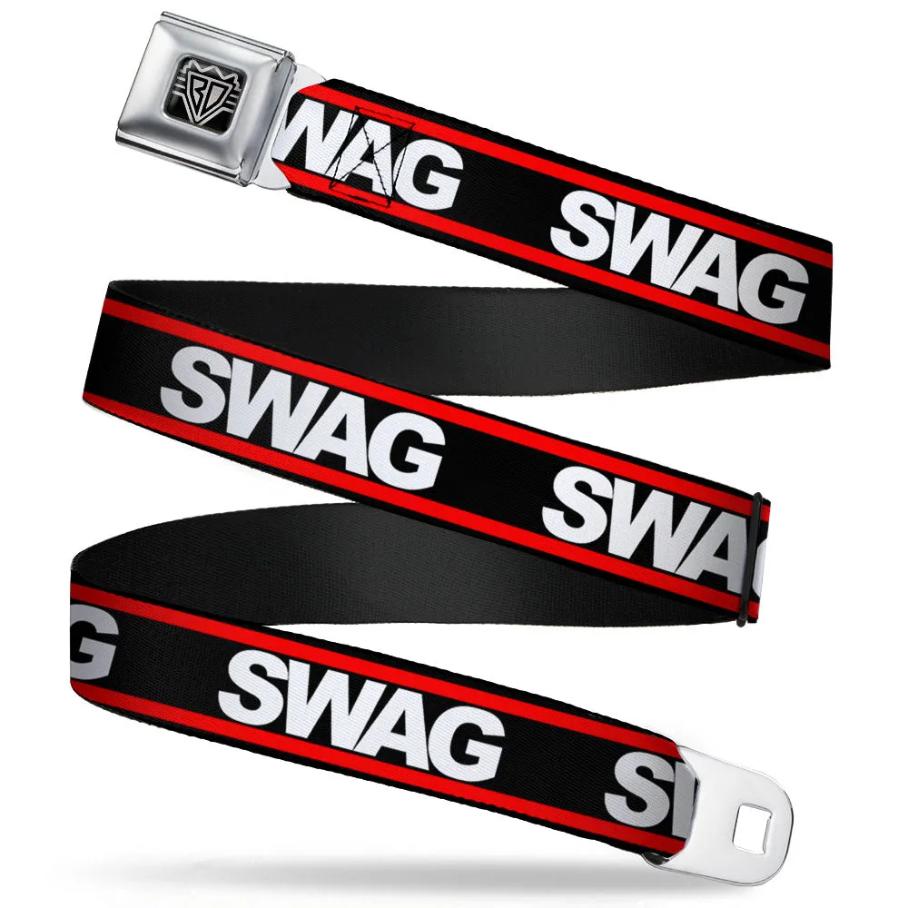 BD Wings Logo CLOSE-UP Full Color Black Silver Seatbelt Belt - SWAGG Black/White/Red Stripe Webbing