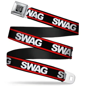 BD Wings Logo CLOSE-UP Full Color Black Silver Seatbelt Belt - SWAGG Black/White/Red Stripe Webbing