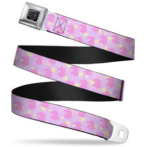 BD Wings Logo CLOSE-UP Full Color Black Silver Seatbelt Belt - Unicorn Icon Monogram/Stars Lavender/Yellow/Pink Webbing
