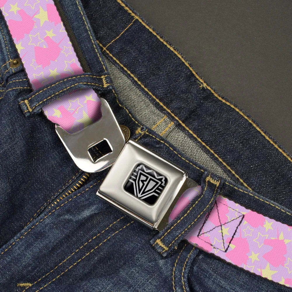 BD Wings Logo CLOSE-UP Full Color Black Silver Seatbelt Belt - Unicorn Icon Monogram/Stars Lavender/Yellow/Pink Webbing