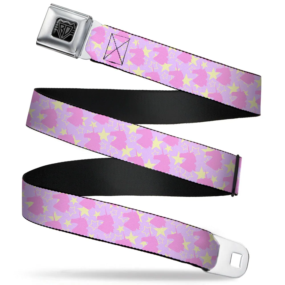 BD Wings Logo CLOSE-UP Full Color Black Silver Seatbelt Belt - Unicorn Icon Monogram/Stars Lavender/Yellow/Pink Webbing