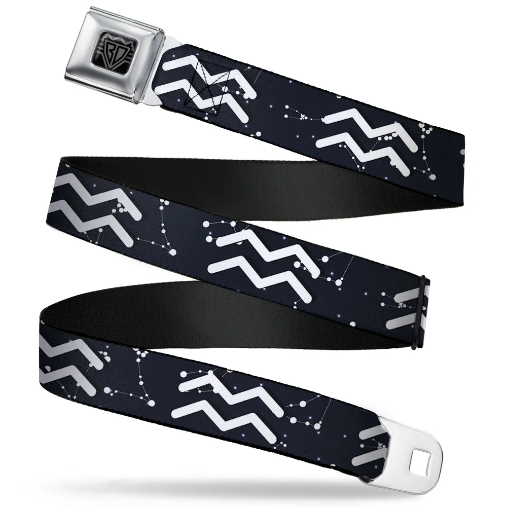 BD Wings Logo CLOSE-UP Full Color Black Silver Seatbelt Belt - Zodiac Aquarius Symbol/Constellations Black/White Webbing
