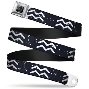 BD Wings Logo CLOSE-UP Full Color Black Silver Seatbelt Belt - Zodiac Aquarius Symbol/Constellations Black/White Webbing