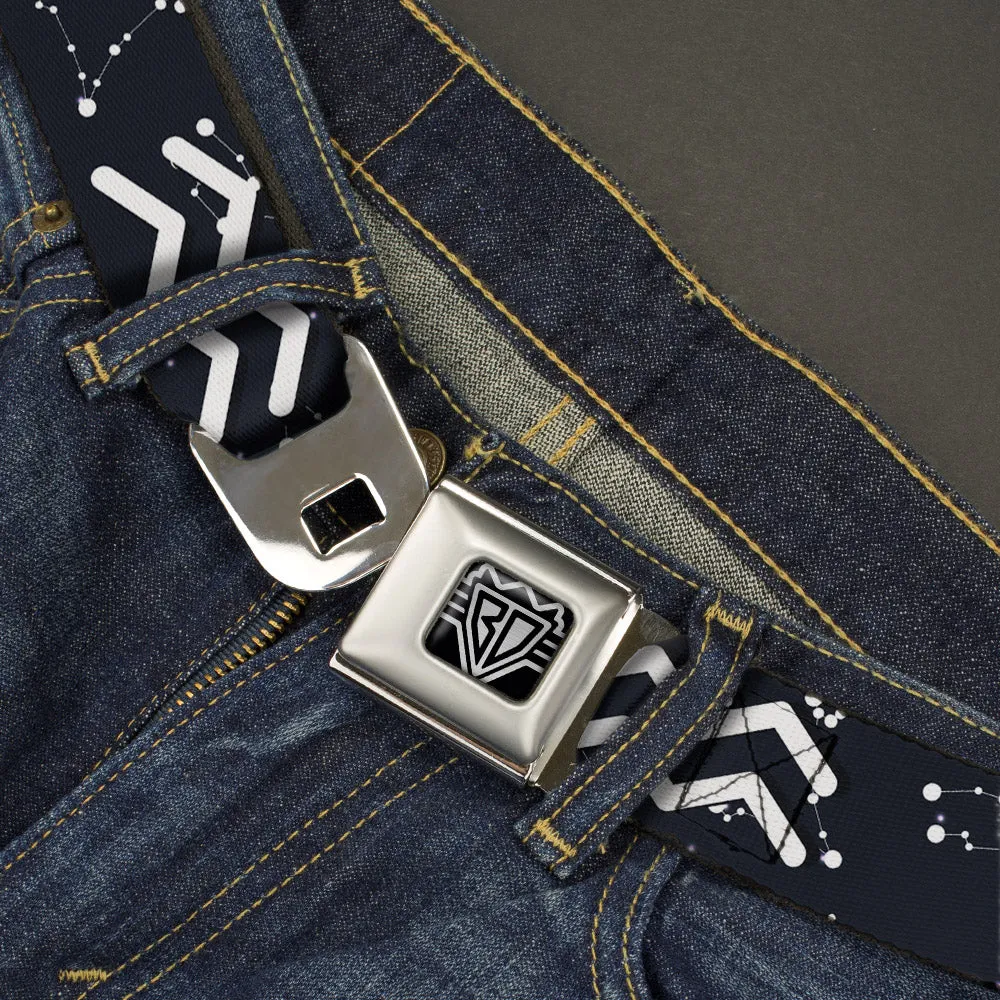 BD Wings Logo CLOSE-UP Full Color Black Silver Seatbelt Belt - Zodiac Aquarius Symbol/Constellations Black/White Webbing
