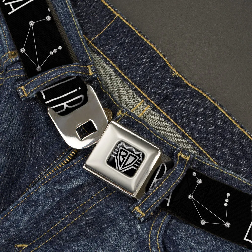 BD Wings Logo CLOSE-UP Full Color Black Silver Seatbelt Belt - Zodiac LIBRA/Constellation Black/White Webbing