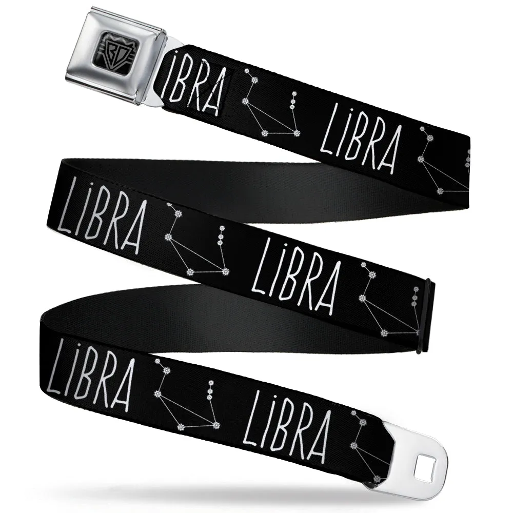 BD Wings Logo CLOSE-UP Full Color Black Silver Seatbelt Belt - Zodiac LIBRA/Constellation Black/White Webbing