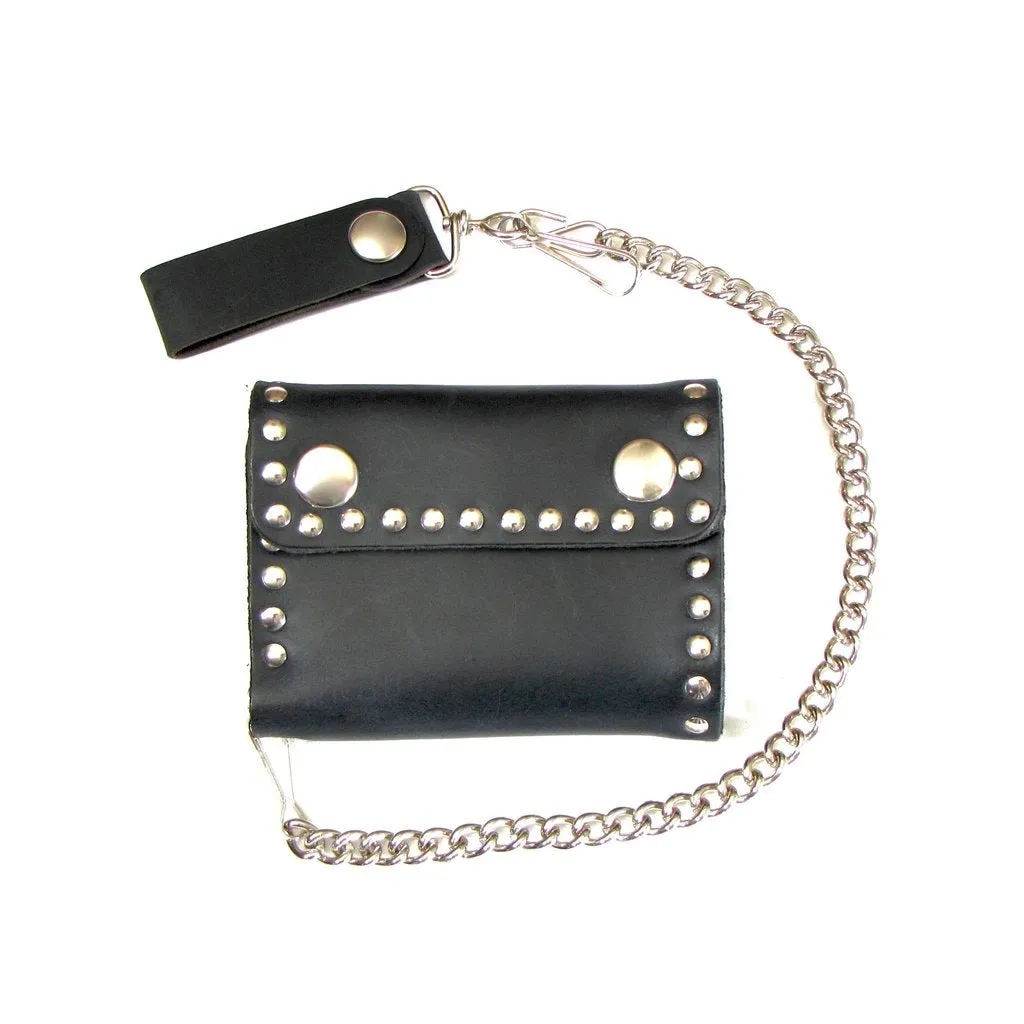Black Leather Riveted Bi-Fold Chain Wallet