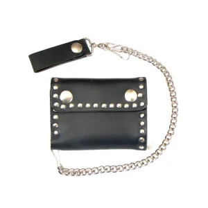 Black Leather Riveted Bi-Fold Chain Wallet
