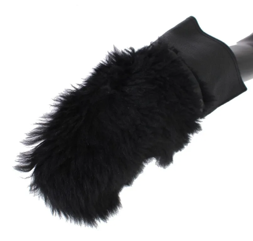 Black Leather Sheepskin Shearling Fur Gloves