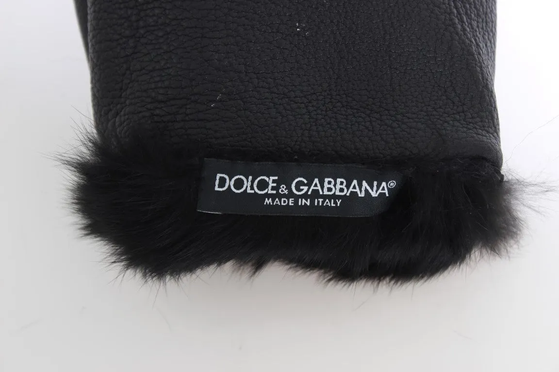 Black Leather Sheepskin Shearling Fur Gloves