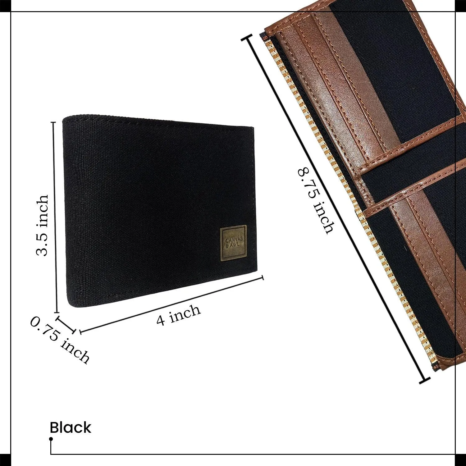 CANVAS & AWL Canvas with Leather Trim Slim Bifold RFID Blocking Men's Wallet (Black)