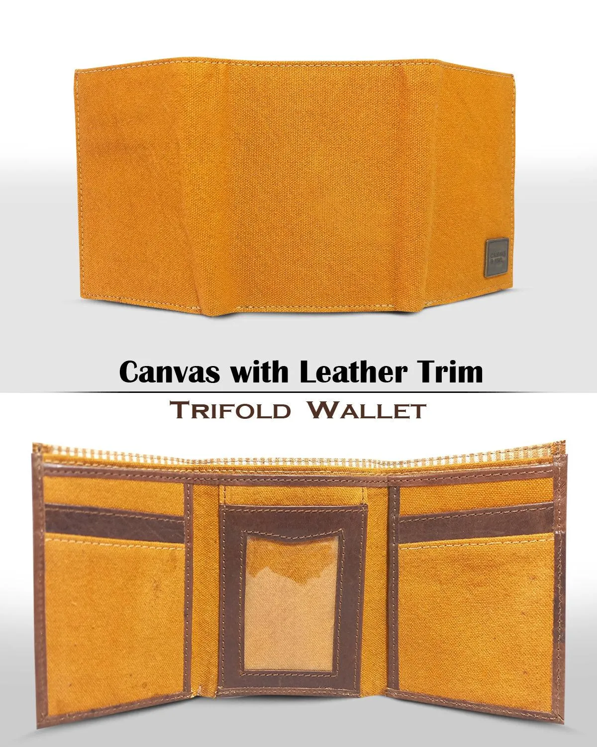 CANVAS & AWL Canvas with Leather Trim Slim Trifold RFID Blocking Mens Wallet (Camel)