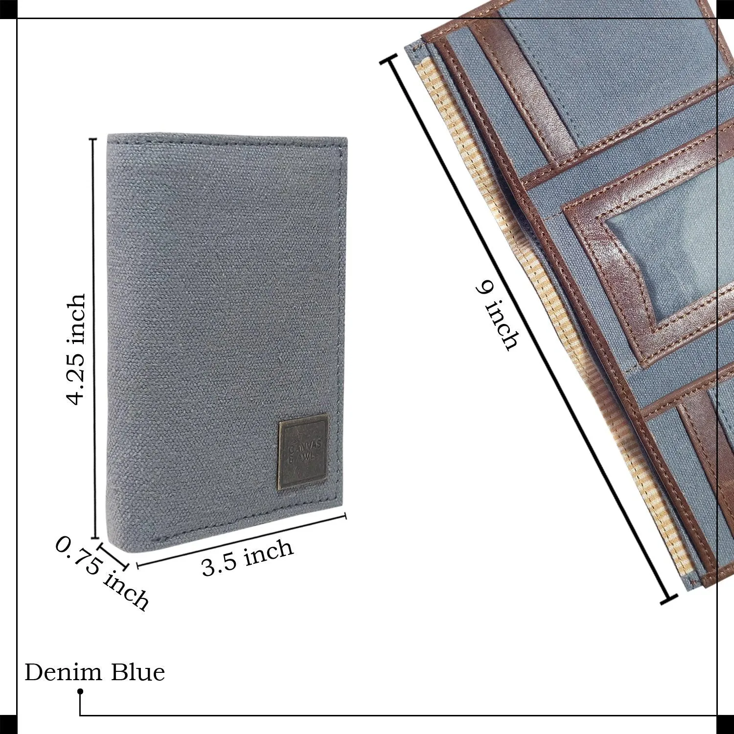 CANVAS & AWL Canvas with Leather Trim Slim Trifold RFID Blocking Mens Wallet (Denim Blue)