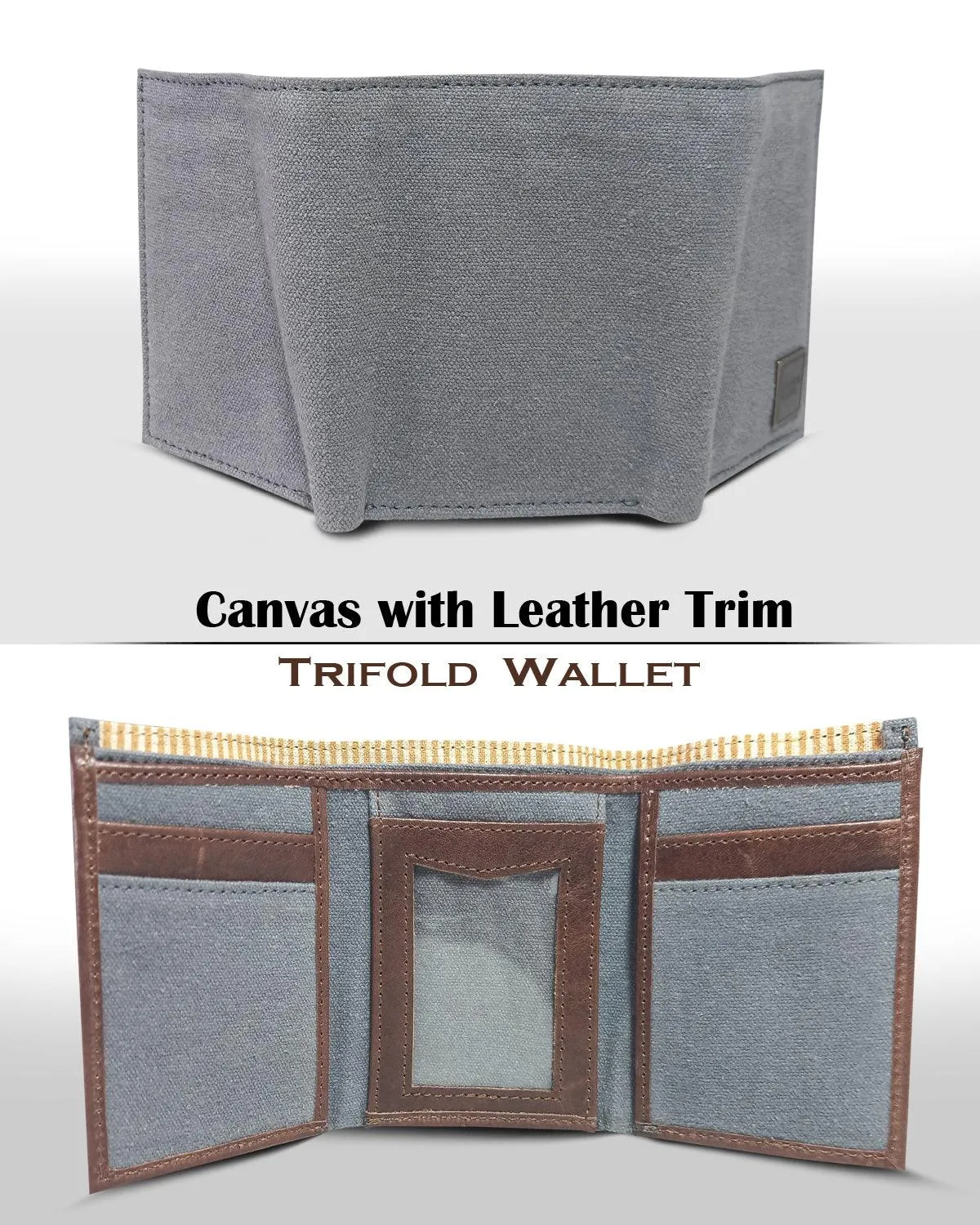 CANVAS & AWL Canvas with Leather Trim Slim Trifold RFID Blocking Mens Wallet (Denim Blue)