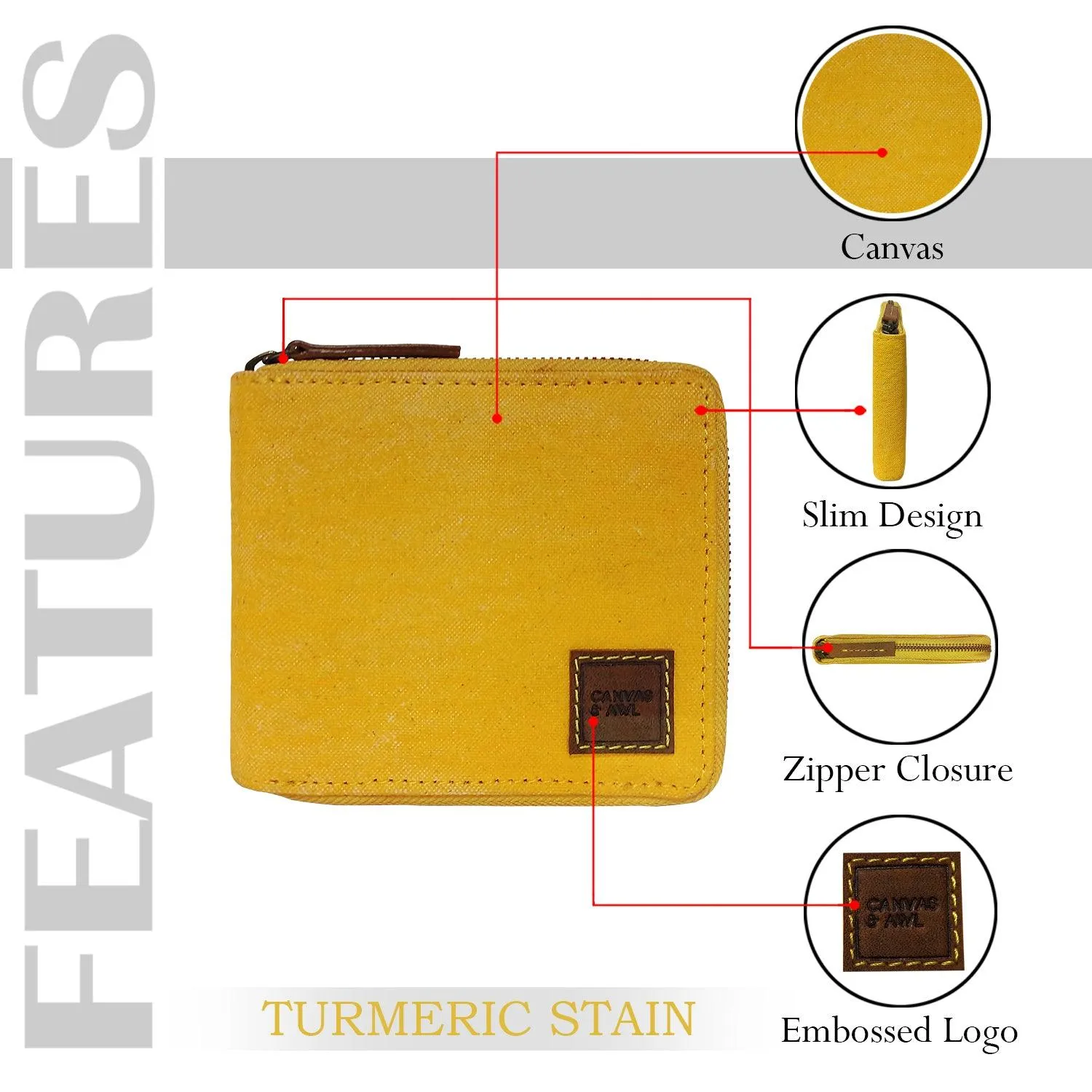 CANVAS & AWL Hand Stain Canvas Slim Bifold Zip Around Men's Wallet (Turmeric Stain)