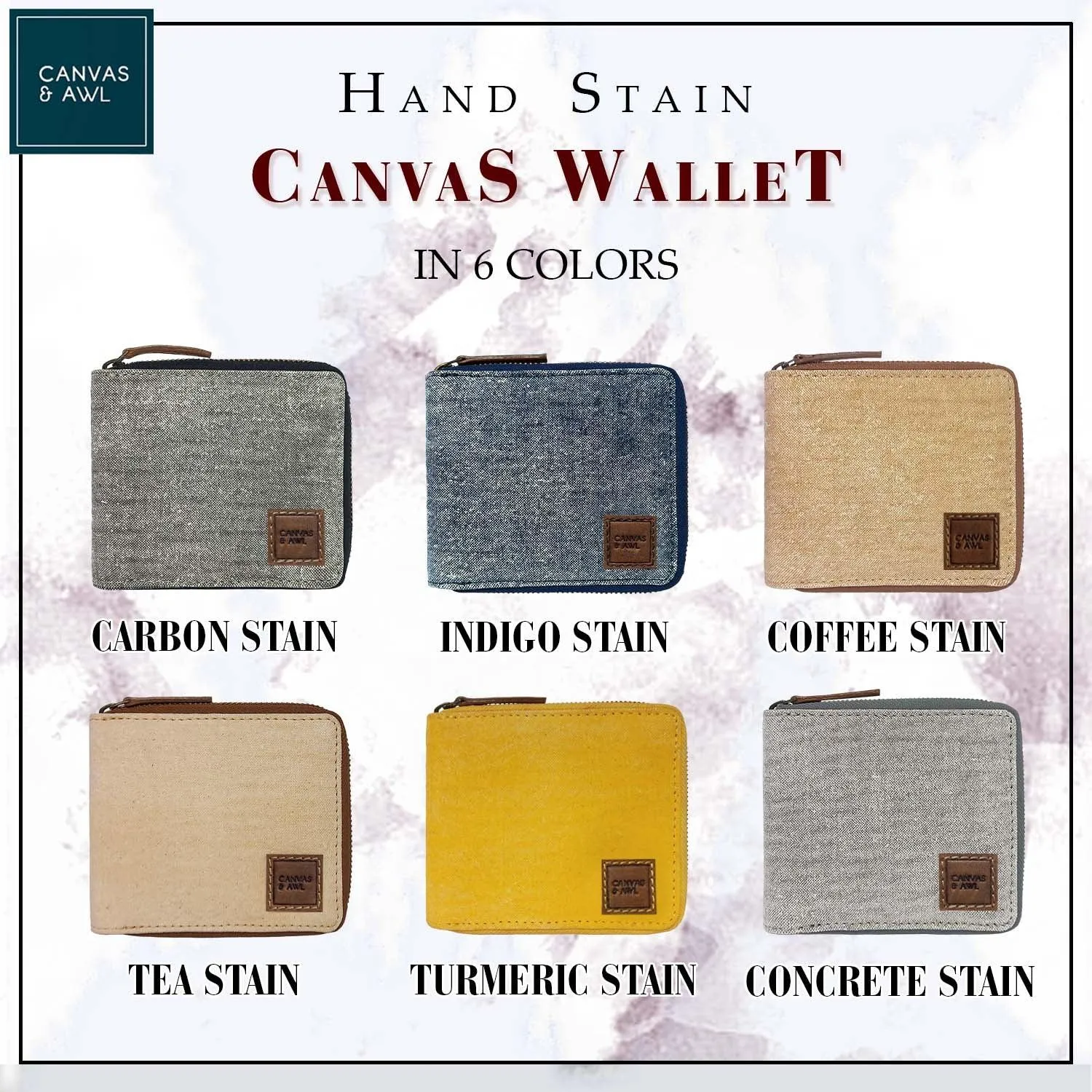 CANVAS & AWL Hand Stain Canvas Slim Bifold Zip Around Men's Wallet (Turmeric Stain)
