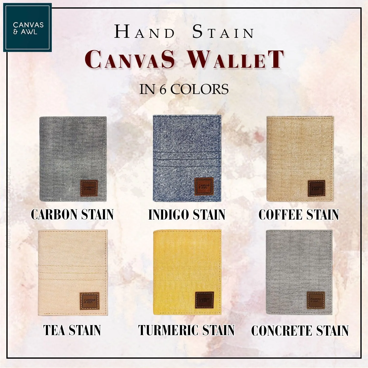 CANVAS & AWL Hand Stain Canvas Unisex Casual Slim Bifold Card Wallet (Tea Stain)