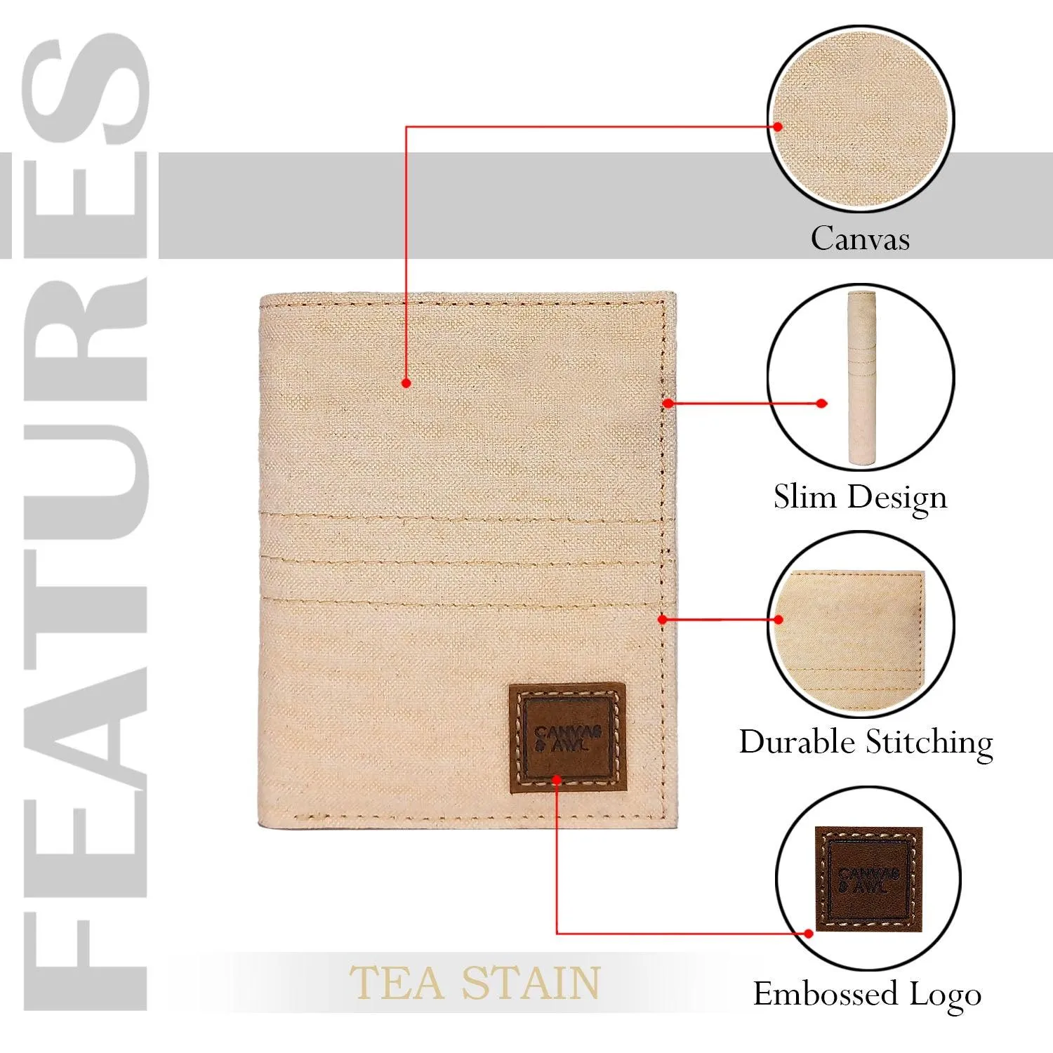 CANVAS & AWL Hand Stain Canvas Unisex Casual Slim Bifold Card Wallet (Tea Stain)