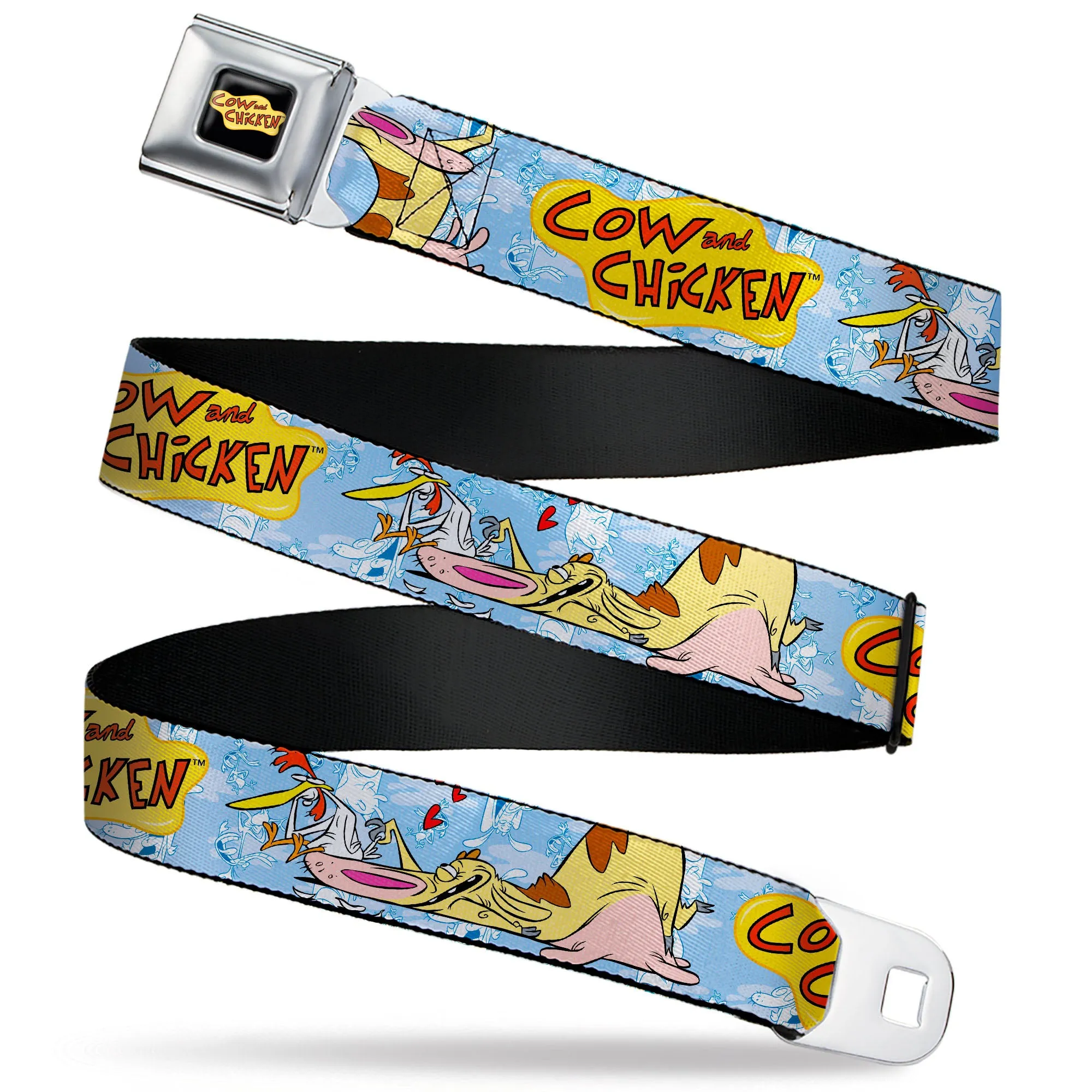 COW AND CHICKEN Title Logo Full Color Black Seatbelt Belt - COW AND CHICKEN Title Logo and Character Poses Blues Webbing