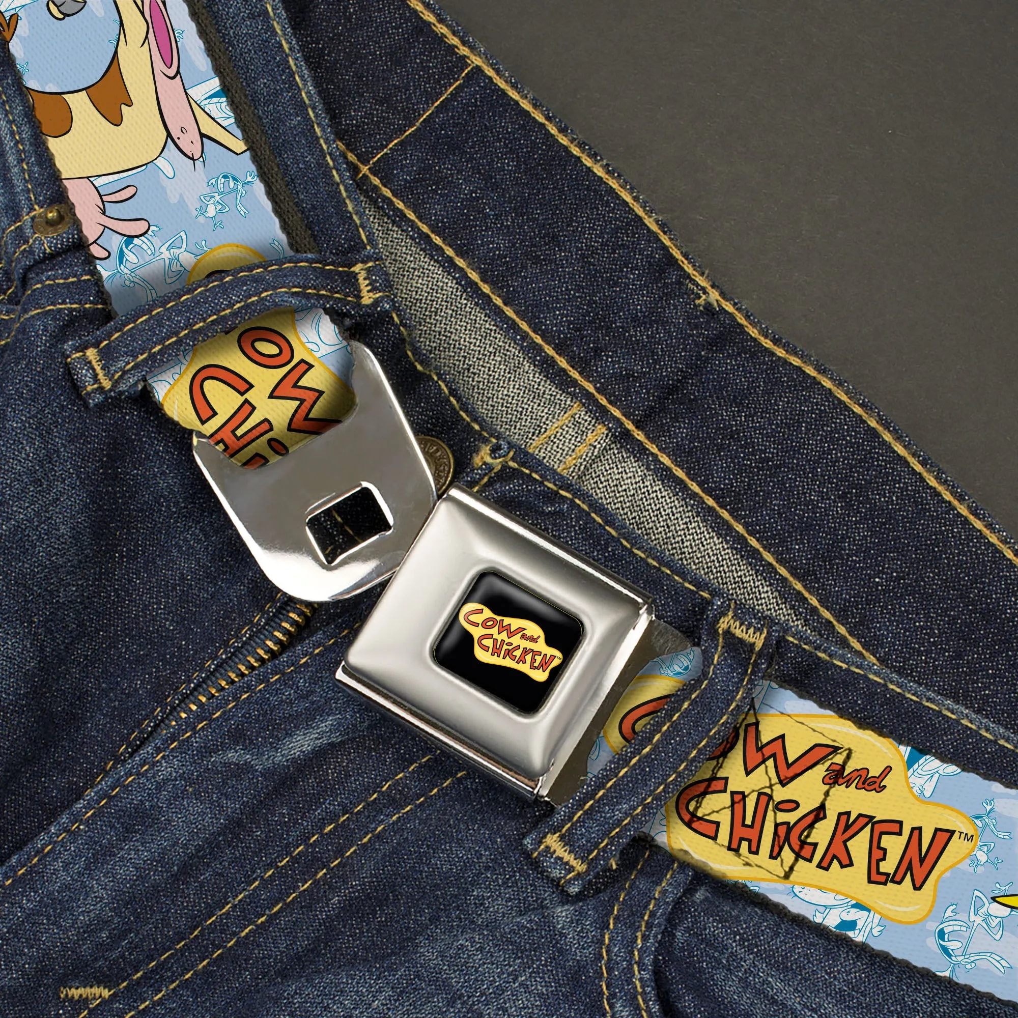 COW AND CHICKEN Title Logo Full Color Black Seatbelt Belt - COW AND CHICKEN Title Logo and Character Poses Blues Webbing